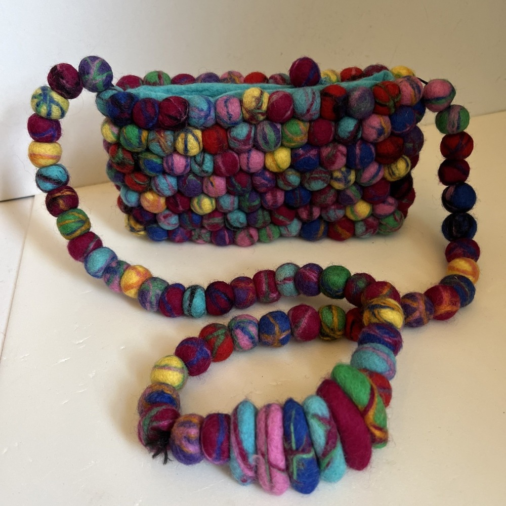 Rising Tide PomPom Handbag Purse Felted Wool Balls Hippie Boho Handmade Nepal
